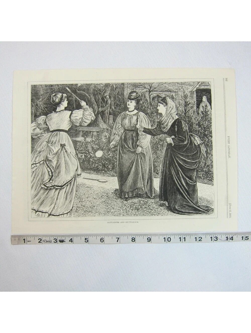 Antique 1871 Wood Engraving Print Battledore & Shuttlecock, Every Saturday Mag